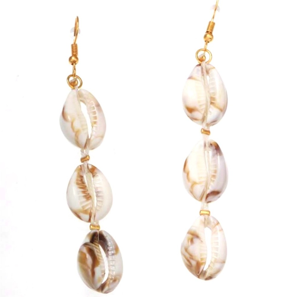 “Marbled Cowrie Shell” Univalve Sea Snail Mollusk Cowry Puka Seashell Earrings - Picture 6 of 7